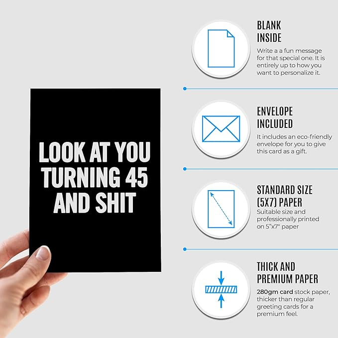 Funny 45th Birthday Card for Women, Men - Happy 45th Birthday Card for Wife, Husband - 45 Bday Card for Daughter, Son - Joke 45 Years Old Card