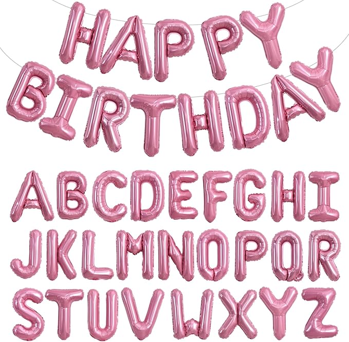 TONIFUL 65 Pcs 16 Inch Pink Happy Birthday Balloons and 2 Sets A-Z Foil Letters Balloons DIY Personalized Phrase Banner for Birthday Celebration Halloween Thanksgiving Christmas Party Decorations