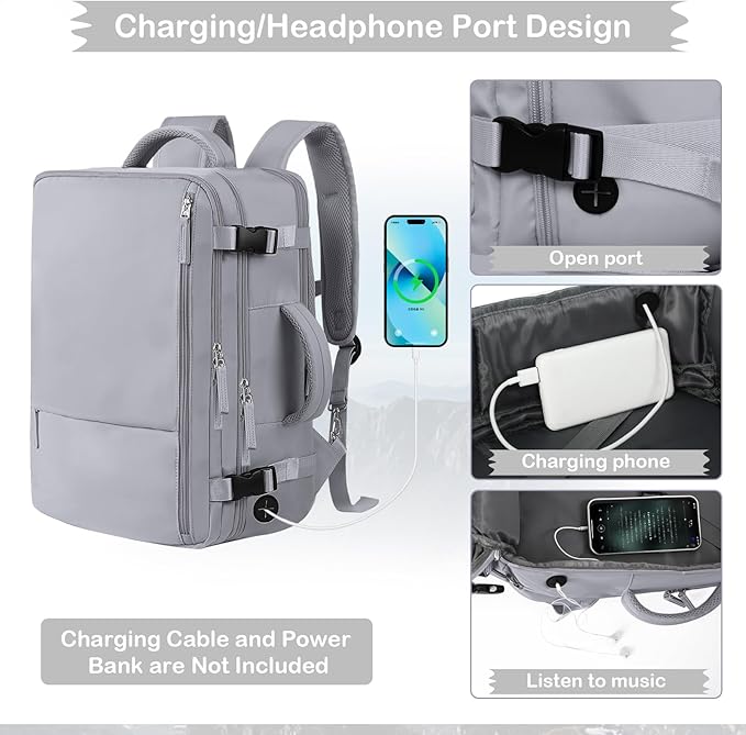 Hanples Large Travel Backpack for Women as Person Item Flight Approved, 35L Carry on Backpack,17 Inch Laptop Backpack with USB Charging Port, Travel Essentials with 2 Toiletry Bags (Gray)