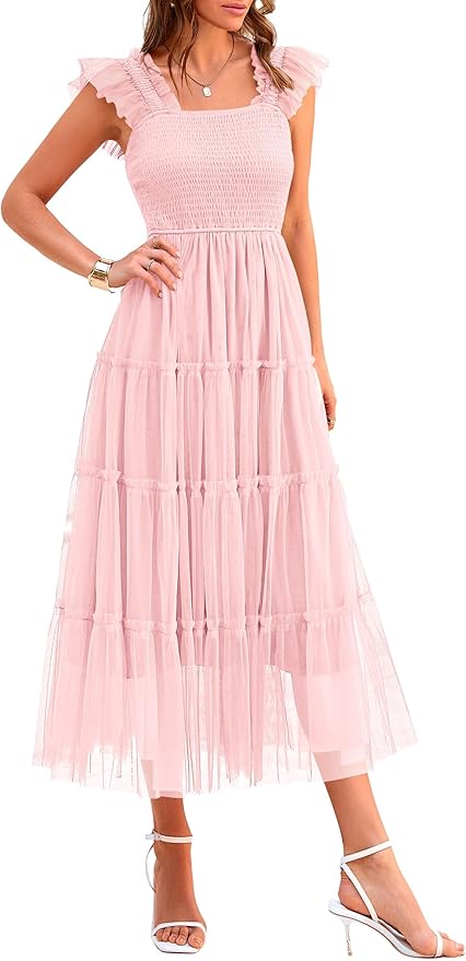 PRETTYGARDEN Women's Summer Tulle Midi Dress Sleeveless Smocked Ruffle Flowy Mesh Dresses Party Wedding Guest Sundress