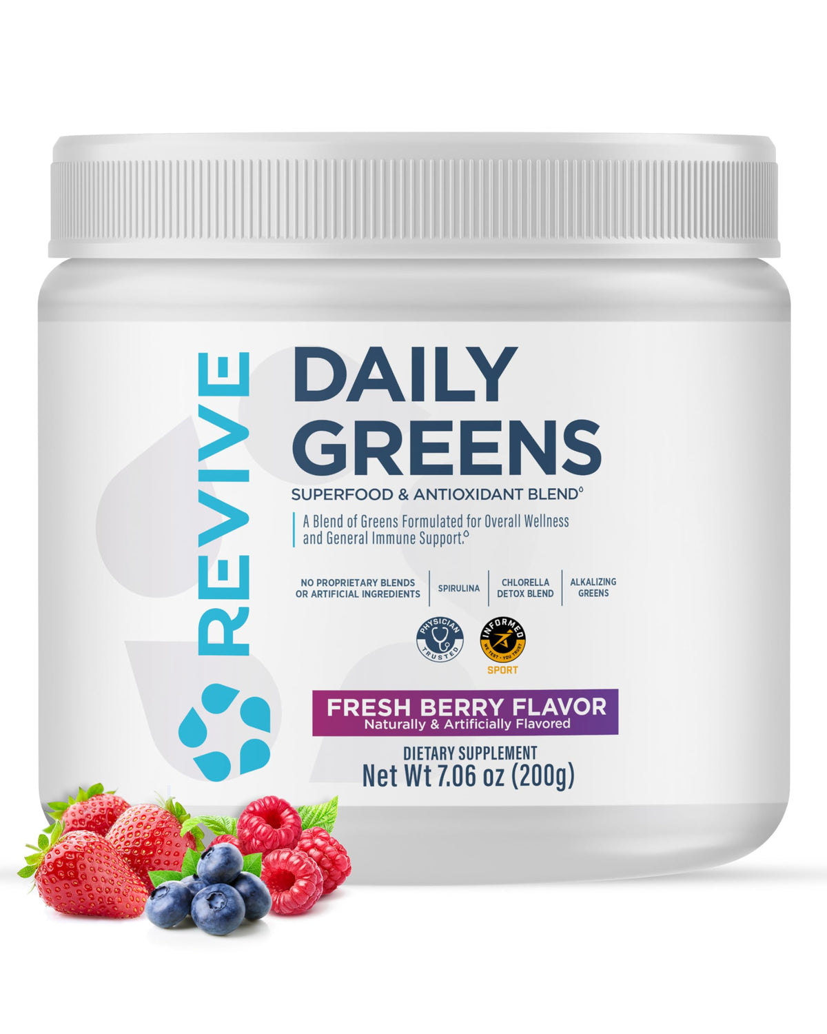 Revive MD Daily Green Powder Superfood (Fresh Berry) - Supergreens Powder to Support Energy Levels - Green Juice that Improves Fiber Intake - Vegetable Supports Digestion and Gut Health (30 Servings)