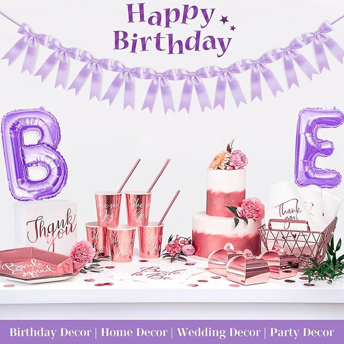 Purpe Bow Garland Bow Banner Bow Party Decorations Pre-Strung Large Coquette Satin Ribbon for Birthday Bachelorette Party Bridal Shower Wedding Engagement Baby Shower