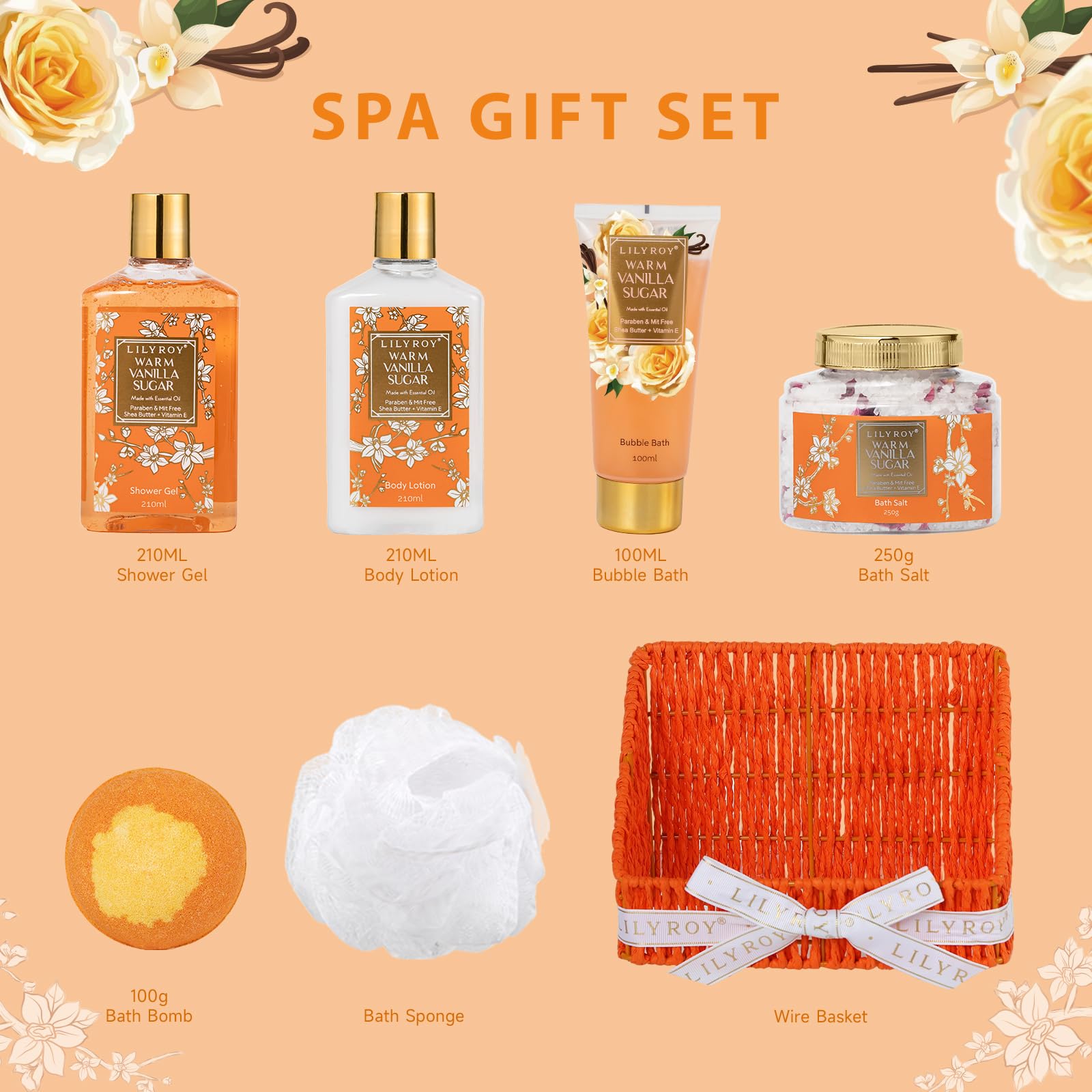 7Pcs Spa Gifts Skin Care Set - Luxurious Vanilla Spa Gift Baskets for Women