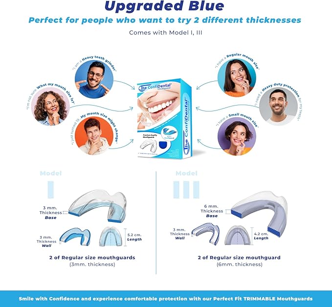 The ConfiDental - Pack of 4 Moldable Mouth Guard for Teeth Grinding Clenching Bruxism, Sport Athletic, Whitening Tray, Including 2 Regular and 2 Heavy Duty Guard (2 (LLL) Regular 2 (II) Heavy Duty)