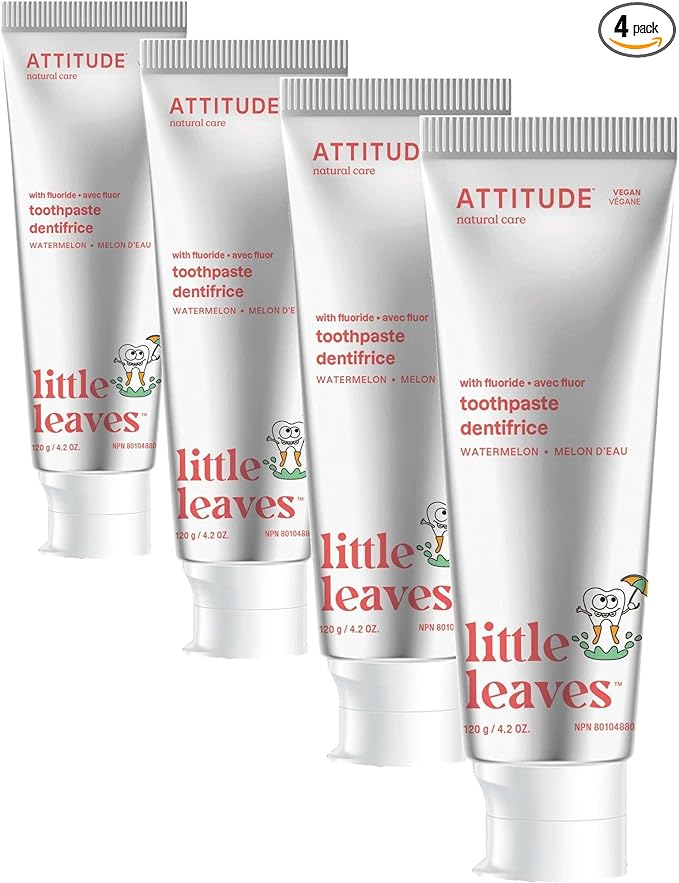 ATTITUDE Toothpaste with Fluoride, Prevents Tooth Decay and Cavities, Vegan, Cruelty-Free and Sugar-Free, Watermelon, 4.2 Oz (Pack of 4)