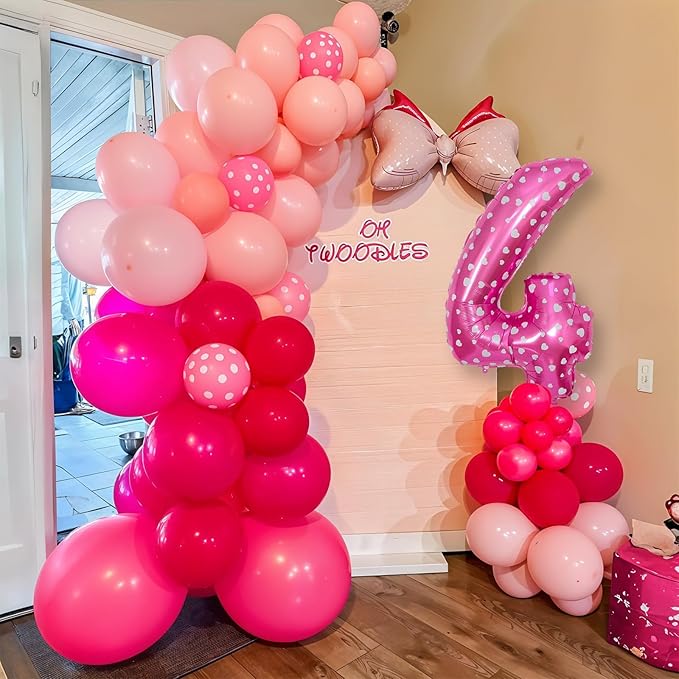 Pink 4th Birthday Balloons Decorations, Hot Pink Rose Polka Dots Balloon Arch Kit, Huge Bow Foil Balloons, pink Number 4 Balloon Tower for Baby Shower Girls Princess 4th Theme Party