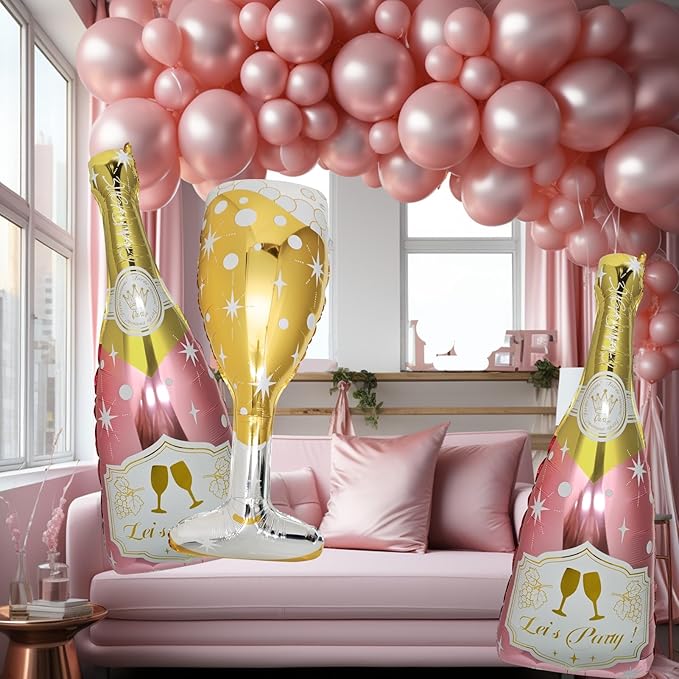 4 Pcs Champagne Balloons, Huge Rose Gold Champagne Bottle Goblet Aluminum Foil Balloons for Birthday, Bachelorette, Bridal Shower, Wedding, Anniversary, Engagement Party Decorations Supplies