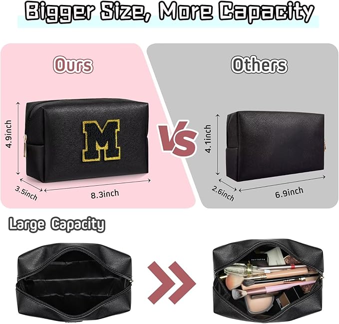 TOPEAST Initial Makeup Bag, Personalized Initial Bags with Zipper, Cute Makeup Pouch, PU Leather Waterproof Cosmetic Bag, Birthday Gift for Women, Preppy Things for Girls (Black A)