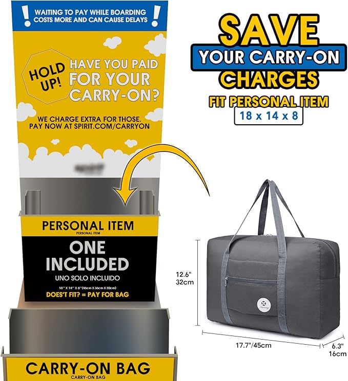 For Spirit Airlines Personal Item Bag Foldable Travel Duffel Bag Tote Carry on Luggage Duffle Overnight for Women and Men