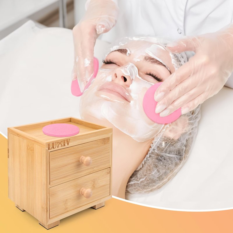 Luxiv 120 Pcs Facial Sponge Compressed with Bamboo Storage Box, Face Cleansing Sponge for Estheticians Round Compress Makeup Facial Sponge with 2 Layer Wood Drawer Storage Box, Mat