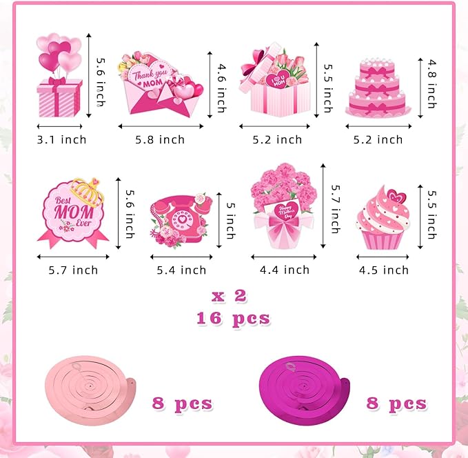 Mother's Day Decorations Set - Pink Glitter Happy Mother's Day Banner, Print Garland, Hanging Swirls, Honeycomb Centerpieces - Best Mom Ever Party Supplies