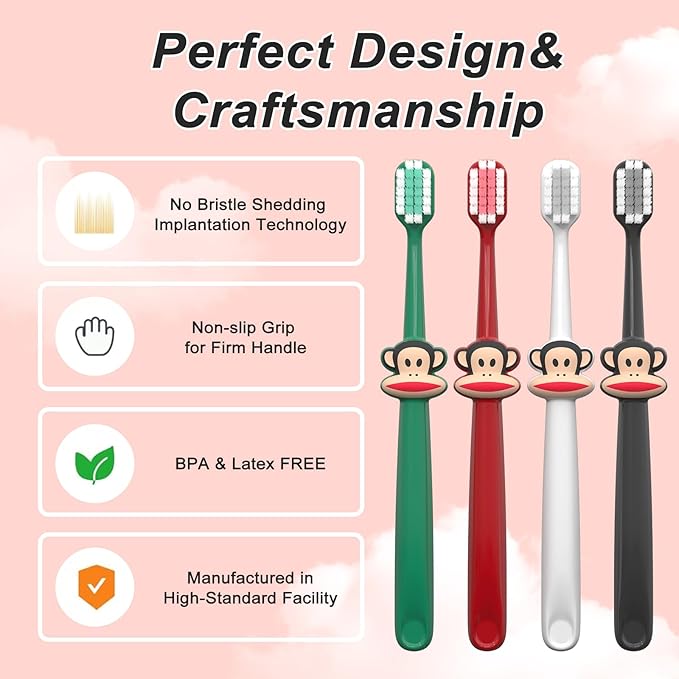Paul Frank Soft Toothbrush for Adults - High Density Manual Toothbrushes with Dual-Color Tapered Bristles, Gentle Daily Care for Sensitive Teeth and Gums (1 Count (Pack of 4))