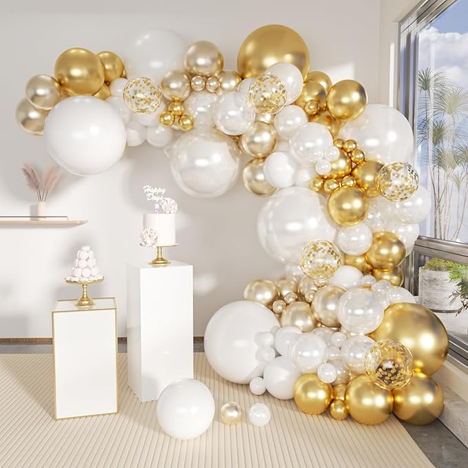 143 Pack Gold White Champagne and Pearl Balloons Garland & Arch Kit-Small and Large White， Gold Balloons -Gold and white Bridal Shower Wedding Birthday Baby Shower Party Decorations