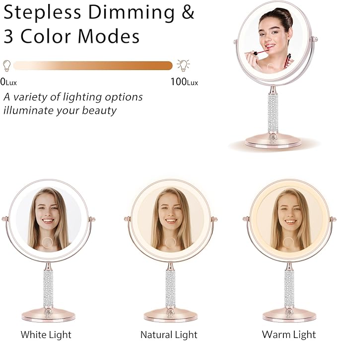 7" Rose Gold Glitter Diamond Rhinestone Makeup Mirror,360°Rotate Round Tabletop Vanity Mirror Double Sided 1X/10X HD Undistorted Magnifying Mirror,Portable Vanity Women Gift (Rose Gold)