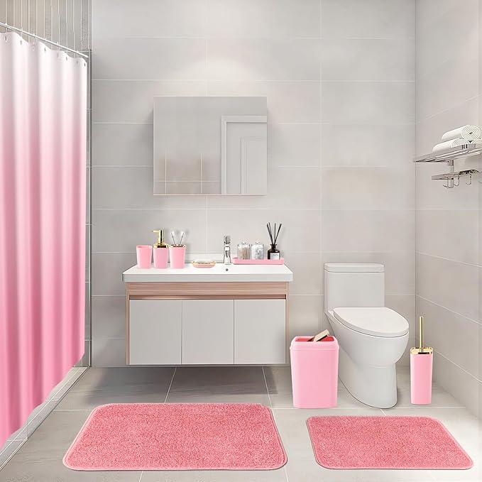 Bathroom Set - Pink Bathroom Sets with Shower Curtain and Rugs, 24PCS Shower Curtain Set with Hooks, Soap Dispenser, Soap Dish, Toilet Brush Holder and Trash Can for Housewarming