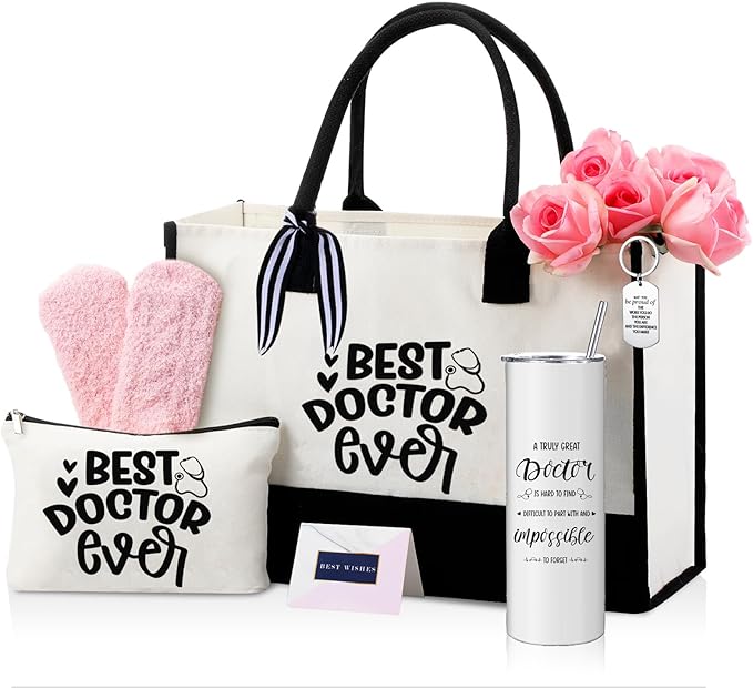Geiserailie 8 Pcs Christmas Doctor Gifts for Women Including Large Tote Bag Cosmetic Bags Tumbler Cup Plush Socks Metal Keychain Card and Envelope for Doctor Thank You Gifts