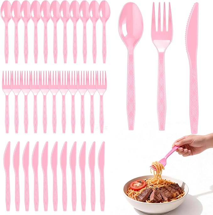 360-Pack Plastic Pink Silverware Set, Disposable Cutlery Set, Plastic Forks and Spoons Knives Utensils Set (120 Each) for Valentine's Day, Baby Shower, Bridal Shower, Princess Party, Easter