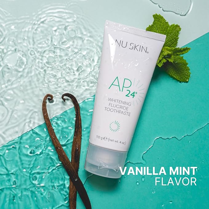 Nu Skin AP 24 Whitening Fluoride Toothpaste | AP 24 Blend | Vanilla Mint Flavor | Brightens Teeth | Removes Surface Stains | Prevents Dental Cavities & Plaque | Enamel-Safe | 4 oz | 2 Pack