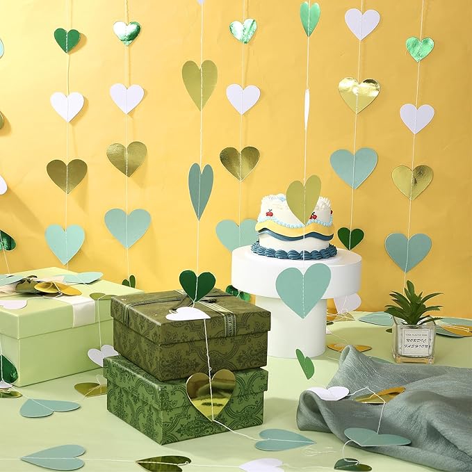 10 Pack 130ft Sage-Green Mint Beige-Gold Heart Party Garland Asymmetrical Love Hanging Banners for Wedding Birthday Bachelorette Bridal Shower Engagement Decoration
