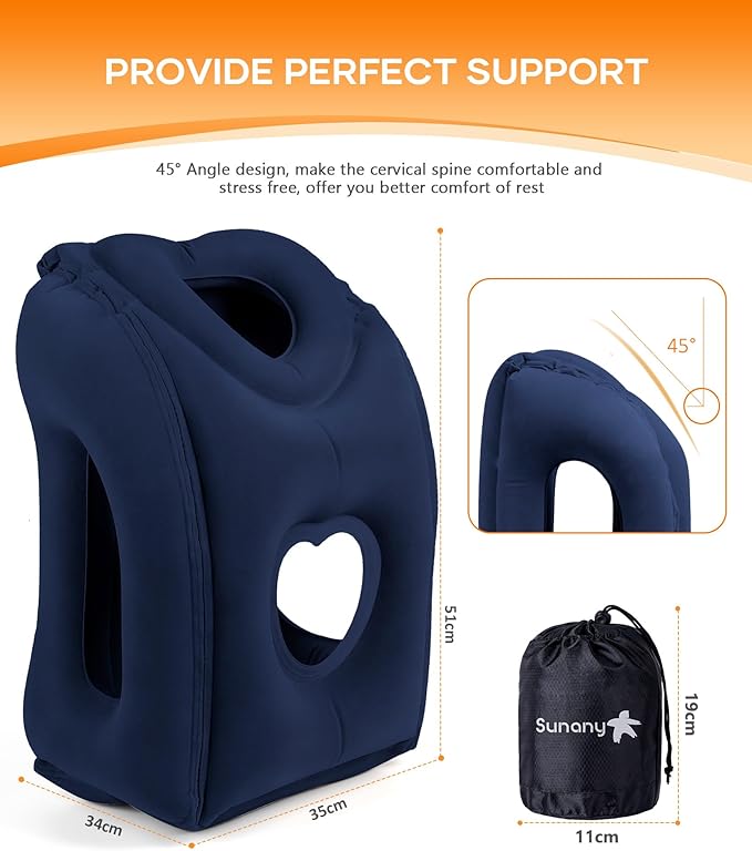 Sunany Travel Pillow, Upgraded Plane Pillow for Long Flights, Inflatable Neck Pillow Used for Airplanes,Cars,Buses,Trains,Office Napping with Eye Mask,Earplugs (Blue)
