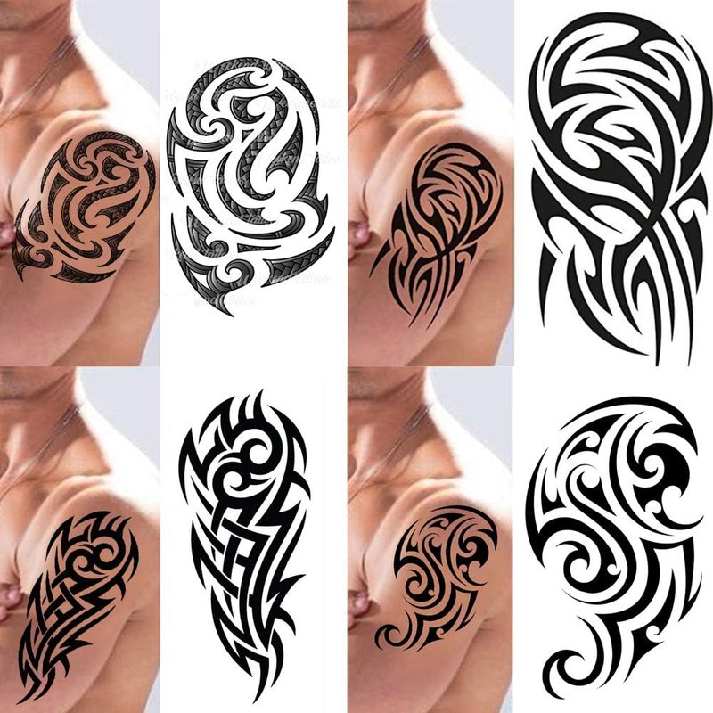Tatodays 4 Pack Stick on black temporary tattoo maui tribal body art sticker transfer for arms shoulder aztec polynesian samoan hawaiian for adult men and women (4 x all tribal tattoo designs)