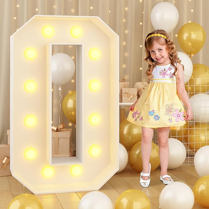 Light Up Number 0 White Large Marquee 4ft Numbers with Lights Mosaic Frame Slots-in Letter 0 for Birthday Party Decorations Pre-Cut Cardboard Giant Cut-Out Thick Foam Board 2025 Sign Graduation