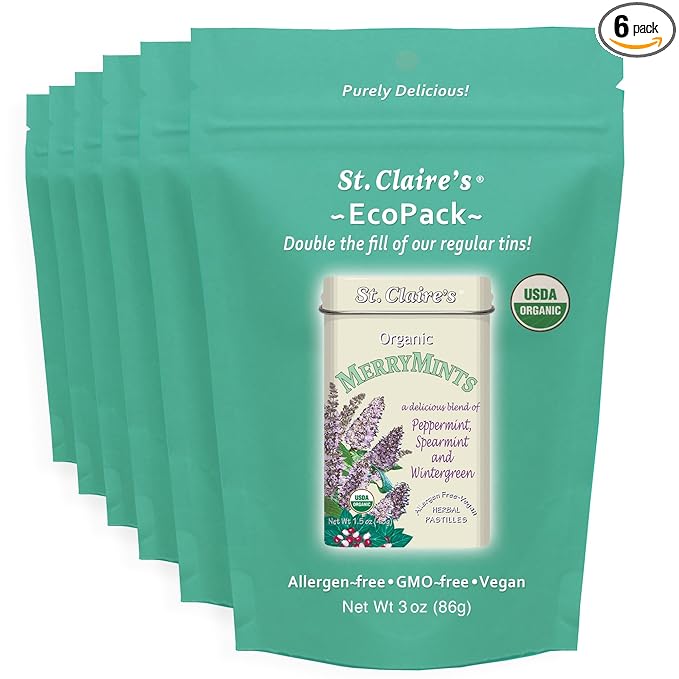 St. Claire’s Organic MerryMints – 6-Pack EcoPack, 3 oz Each | Certified Organic, Vegan, Gluten-Free, Allergen-Free, Non-GMO, Low Calorie, Plant-Based | Made in USA