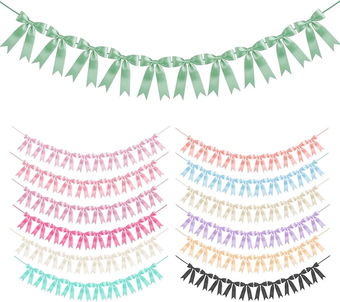 Pre-Strung Extra Large Bow Garland Decorations Jumbo Reusable Bow Banner with 12 Colors Options for Bachelorette Parties Bridal Showers Birthdays Baby Showers & Valentine’s Day (Sage Green)