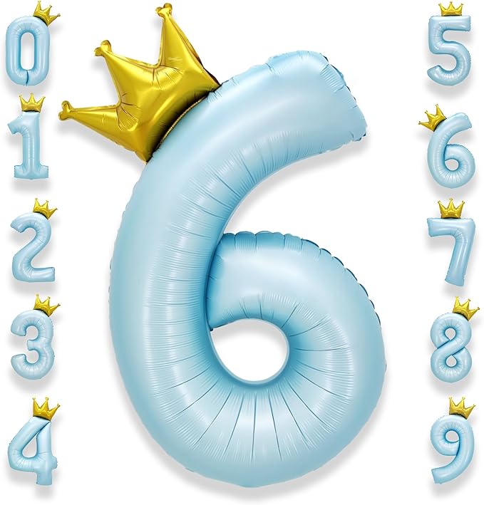 AULE 40 Inch Big Light Blue 6 Balloon Number with Crown Large Foil Helium Number Balloons 0-9 Jumbo Giant Happy 6th Birthday Party Decorations Huge Mylar Anniversary Party Supplies