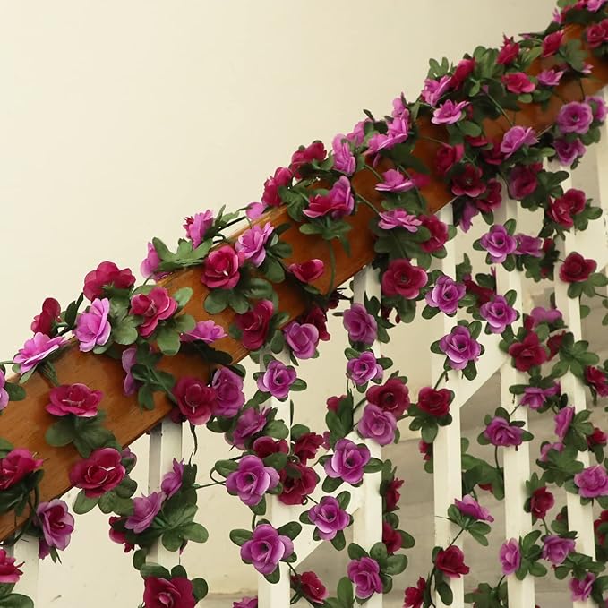 MARTINE MALL Flower Garland Rose Vines, 5 Strands 41Ft Flowers Vines for Bedroom with 33 Ft/100 LED String Lights, Rose Flower Garland Decoration, Rose Floral Garland for Room Table Wedding Decor