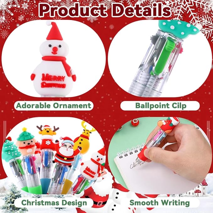 24PCS Christmas Multicolor Ballpoint Pens 4 Colors in 1, Retractable 0.7mm Cartoon Cute Fun Pens Santa Snowman Writing Pens for Holiday Party School Supplies Students Rewards