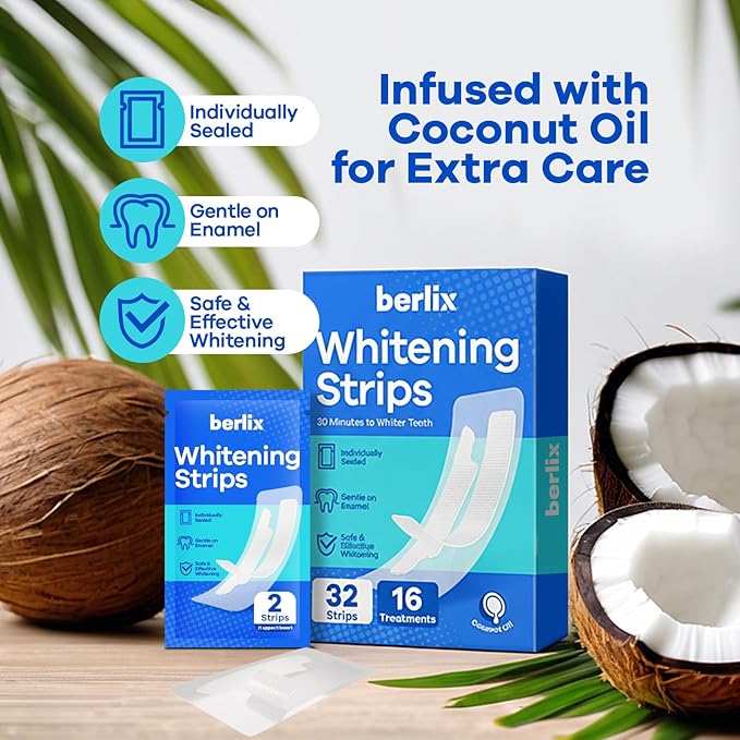 Teeth Whitening Strips (16 Treatments, 32 Count), Enamel Safe for Teeth Whitener, Whitening Strips with Coconut Oil, Formulated to Be Gentle & Non Slip and Quick-Dry, Stains Removal