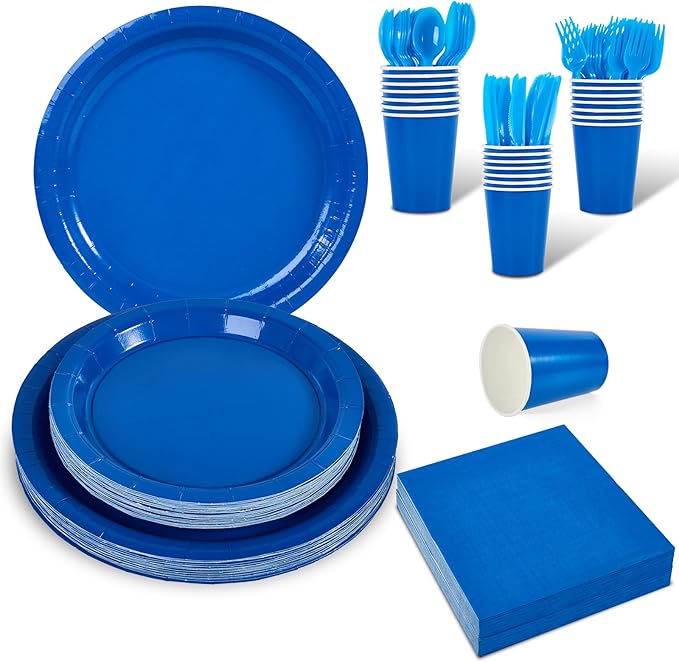 Ottin 169PCS Roayl Blue Party Supplies for 24 Guests – Disposable Paper Plates, Napkins, Cups, Forks, Knives, Spoons & Tablecloth for Birthday, Wedding, Halloween, Thanksgiving, Christmas, New Year
