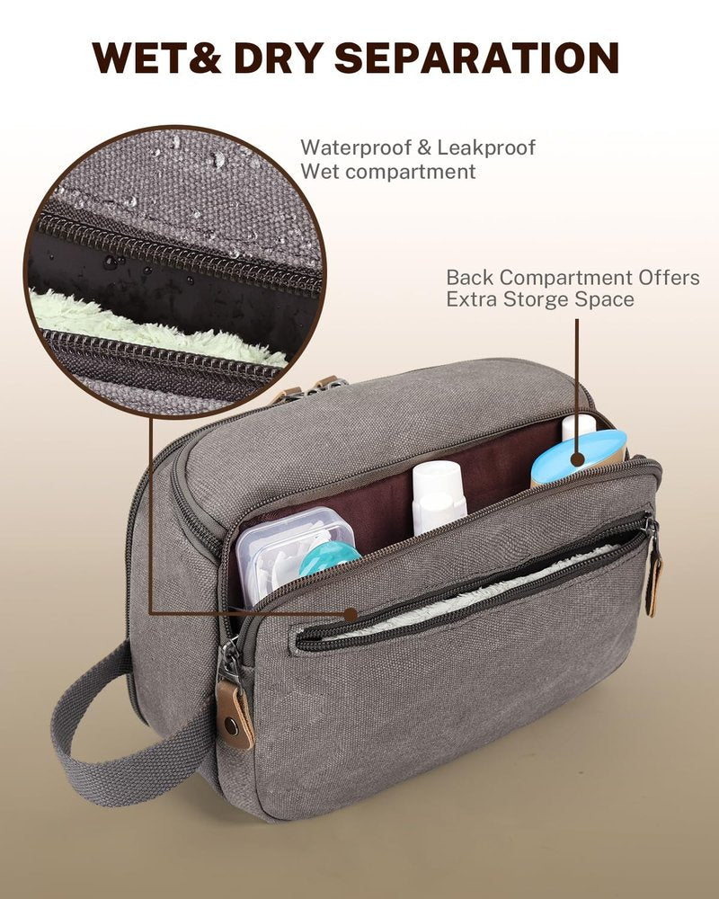 Gonex Travel Toiletry Bag for Men, Water Resistant Canvas Wide Open Shaving Bag with Wet Dry Compartment, Travel Essentials Toiletries Organizer, Grey