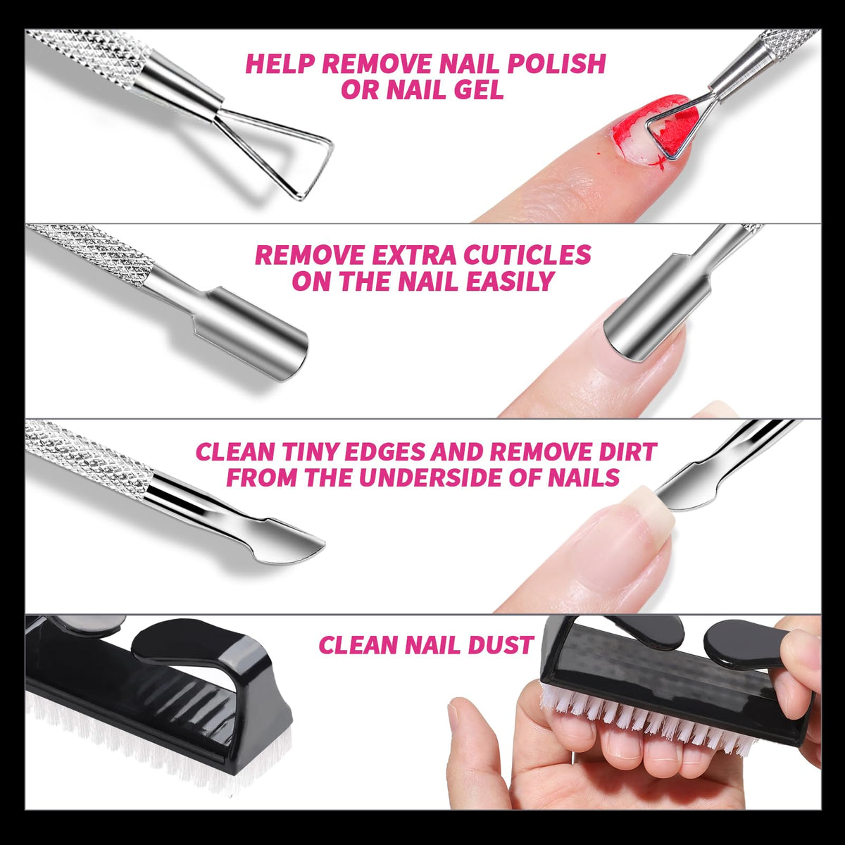 FANDAME Gel Nail Polish Remover Tools Kit, 10 PCS Nail Polish Remover Clips Black, 100ml Nail Polish Remover Bottle, 500PCS Cotton Pad, Nail Brush, Cuticle Pusher, Nail File, Buffer Block Tools kit