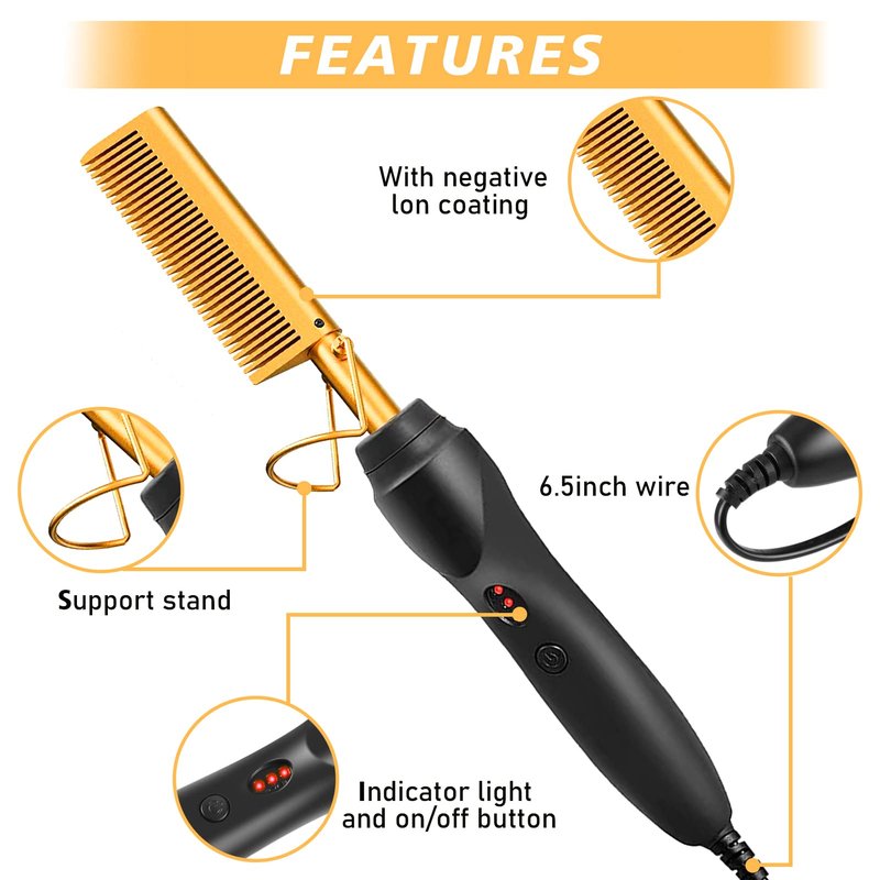 Electric Hot Comb Hair Straightener, Deluxe Electrical Straightening Comb Curling Iron for Natural Black Wigs, Hot Comb Electric for Wigs Pressing Combs with Wig Glue Melting Spray Hair Wax Stick