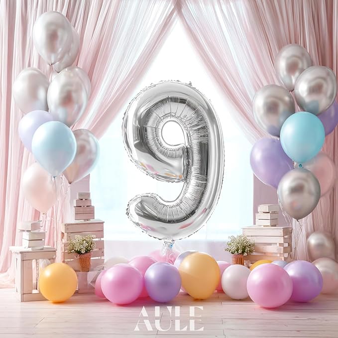 AULE 40 Inch Big Silver 9 Balloon Number Large Foil Helium Number Balloons 0-9 Jumbo Giant Happy 9th Birthday Party Decorations for Boy or Girl Huge Mylar Anniversary Party Supplies