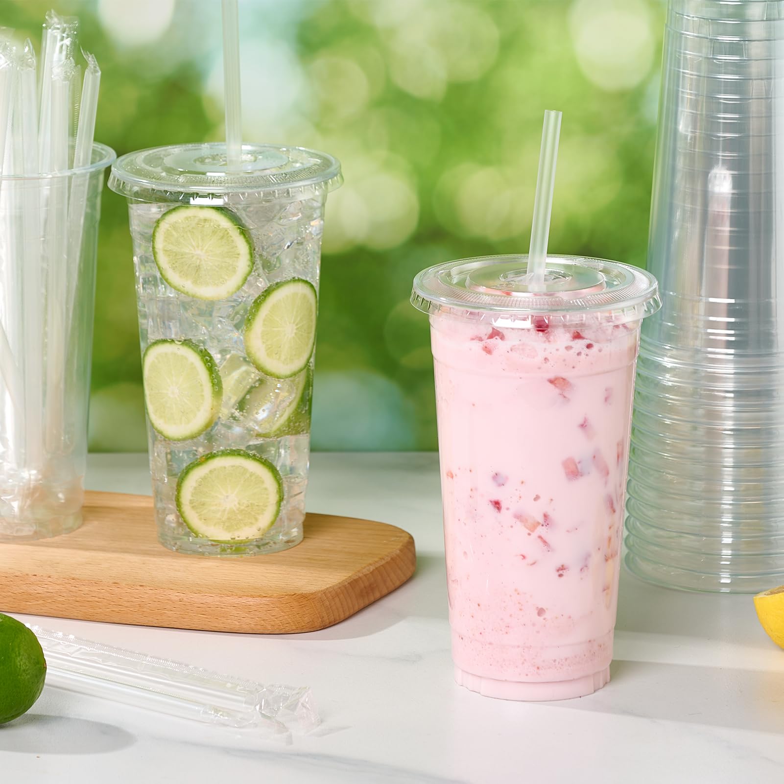 Turbo Bee 100 Sets 32 OZ Clear Plastic Cups with Lids and Straws, Disposable To Go Iced coffee cups with lids for Cold Drinks, Smoothie, and Slushie