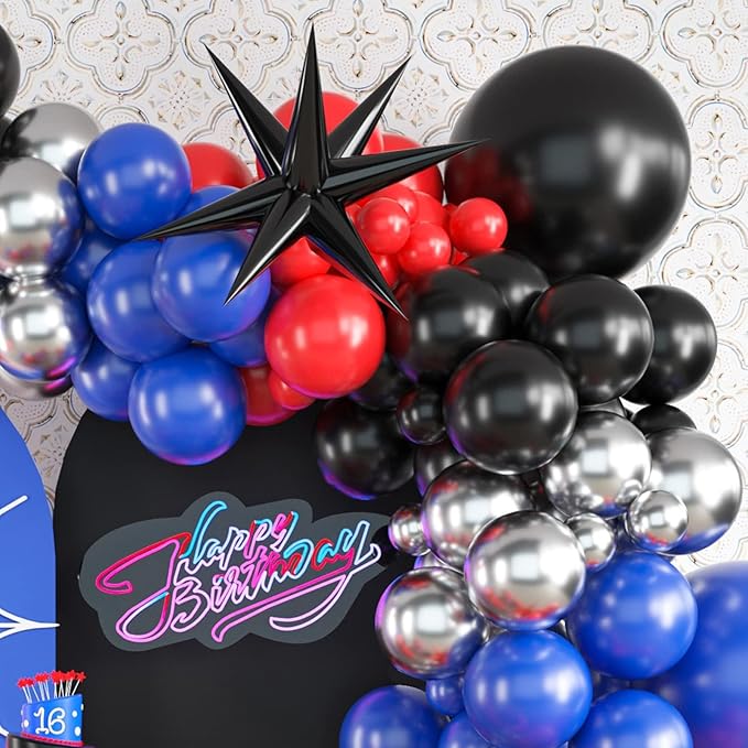 Red Blue Black Balloon Arch Kit, Blue and Red Balloon Arch Kit, Blue Black Balloons Garland with 22 Inch Star Foil Balloons for Men Boys Birthday Baby Shower Graduation Party Decorations