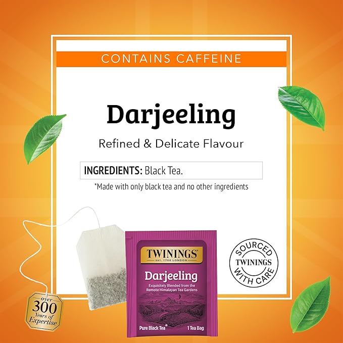 Twinings Darjeeling Black Tea Individually Wrapped Bags, 20 Count (Pack of 6), Delicate Light Taste, Caffeinated, Enjoy Hot or Iced, 120 Teabags