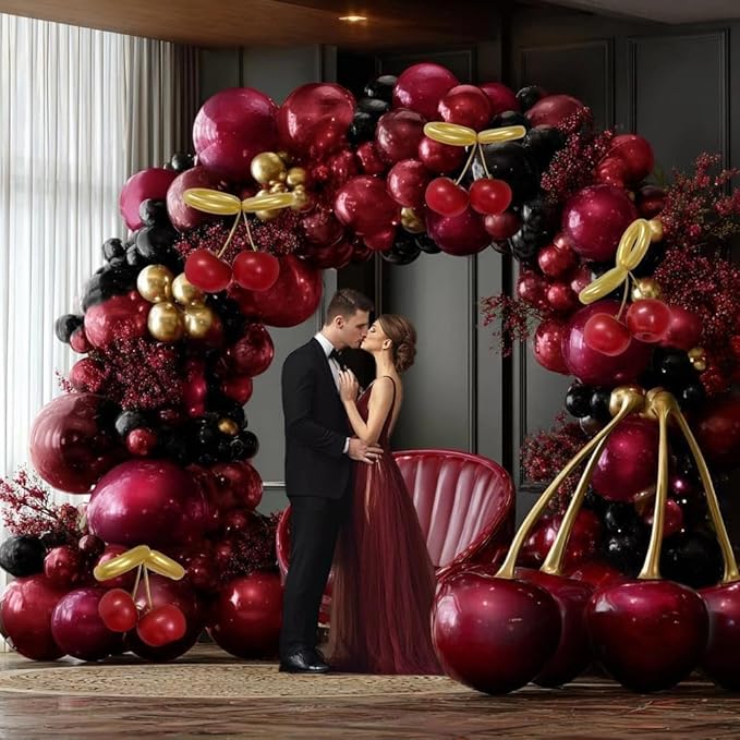 Burgundy Black Balloon Arch Double Stuffed Dark Ruby Red Gold Maroon Black Balloon Garland Kit for Birthday Valentine Day Wedding Bridal Shower Engagement Cherry Anniversary Party Decor