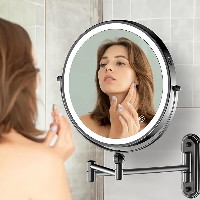 9" Wall Mounted Makeup Lighted Mirror, 4000mAh Rechargeable Double Sided LED Vanity Mirror with Height Adjustable&1X/10X Magnification, 3 Color Lights Touch Screen Dimmable 360°Swivel Bathroom Mirror