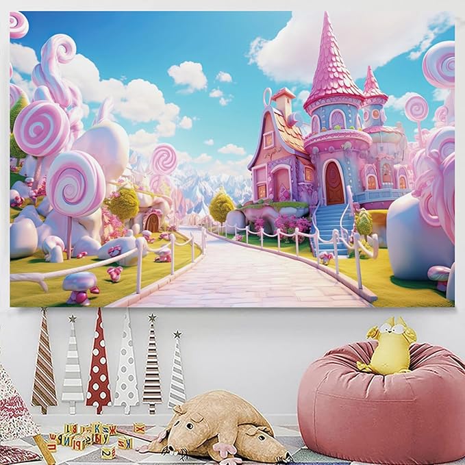 15x10ft Candyland Backdrop Pink Sweet Candy Castle Fairy Tale Photography Background for Girls Princess Birthday Baby Shower Party Decorations Kids Portraits Banner Photo Studio Props