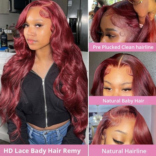 99j Lace Front Wigs Human Hair 13x4 Body Wave Burgundy Frontal Wig Glueless Wigs Human Hair Pre Plucked Red Lace Front Wigs for Black Women Human Hair 150% Density with Baby Hair (28 Inch)……