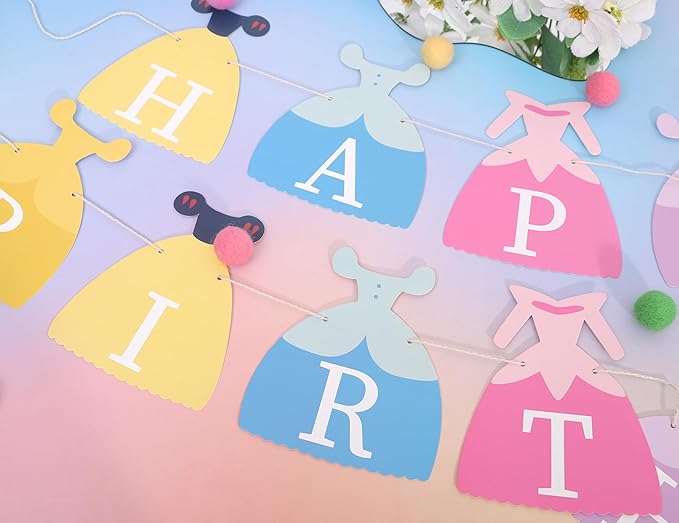 Princess Dress Happy Birthday Banner - Princess Birthday Party Decorations,Gril First/1st Party Bunting,Photo Prop Banner (Princess-1)