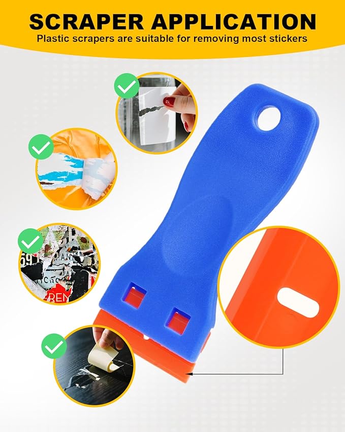 32Pcs Plastic Razor Blades Scraper Tool, Adhesive Remover for Cars Kit for Automotive Car Sticker, with Plastic Scrapers, Razor Blade Scraper, Coral Wipes, Sanding Sponges and Cosmetic Sponges