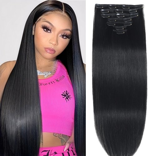 Jet Black Real Human Hair Clip in Extensions - Remy, Invisible, Natural Straight, Seamless - 7pcs Double Weft, 22 Inch, 120g