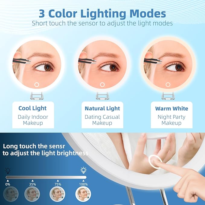 20X Magnifying Mirror with Light, Rechargeable 3 Colors Dimming Lighted Magnifying Mirror with 3 Suction Cups and 360° Stand, 6" Large Travel Tabletop Magnified Makeup Mirror with Tweezers & Scissors