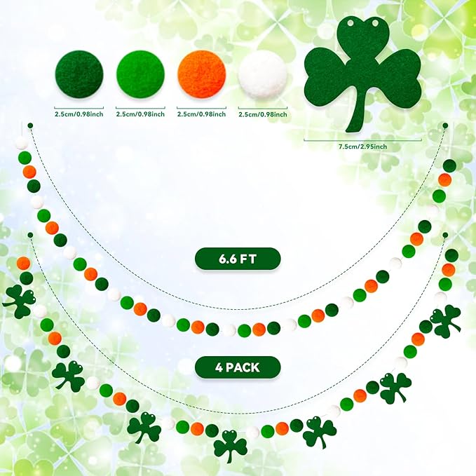4 Pack 26.3 Feet St Patricks Day Shamrock Decorations Pom Pom Garland, Green White Orange 30 Balls St. Patrick's Day Felt Garlands for Irish Holiday Party Festivals Room Hanging Decorations