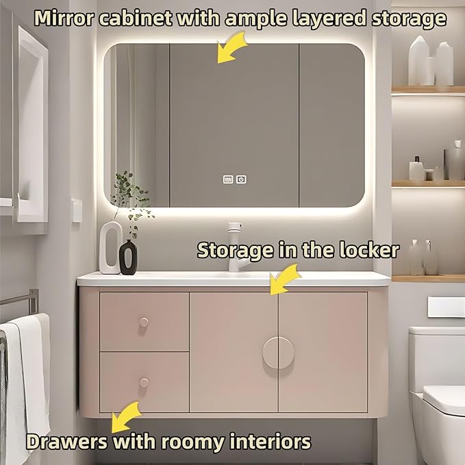 40IN Pink Modern Bathroom Vanity - Bathroom Vanities Set with 2 Drawers Wall Mounted | Rounded Corner Smart Defogging Mirror Cabinet with Lighting & Time Display, Side Opening Storage Shelf (Style A)